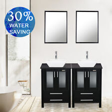 Black 48 inch Double Sink Bathroom Vanity W/Mirror White Ceramic Top Cabinet 