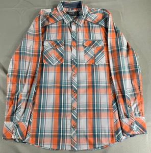 BKE Standard Fit Western Shirt XL Orange Blue White Plaid Pearl Snap Long Sleeve - Picture 1 of 8