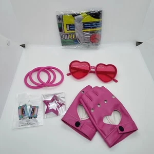 Ladies 80's Dress Up Fingerless Gloves Earrings Blow Up Boom Box Pink Bangles - Picture 1 of 17
