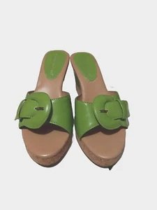 Coldwater Creek Sandal Size 6M Lime Green Faux Leather Buckle Cork Slip On Wedge - Picture 1 of 9