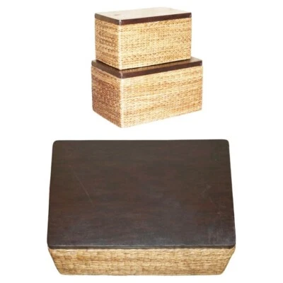 LOVELY PAIR OF VINTAGE WICKER LINEN STORAGE TRUNKS SEATS WITH SOLID WOOD TOPS - Image 1 of 4