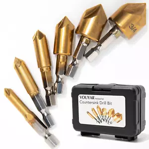 6 Pcs Countersink Drill Bit Set with Case 1/4 Hex Shank HCS 5 Flute Countersin - Picture 1 of 6