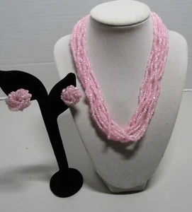 ELEGANTE VINTAGE ROSA GLAS 8 STRÄNGE RÖHREN PERLENKETTE & PASSENDE CLIP OHRRINGE - Bild 1 von 4