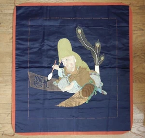 Silk satin fukusa, embroidered Fukurokuju, calligraphy, minogame, Japan - Picture 1 of 9