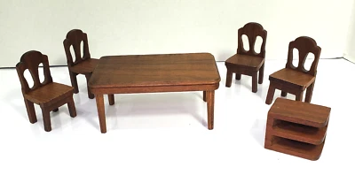 Vintage Strombecker Dollhouse Dining Room Table Chairs Side Table Wood Lot of 5 - Image 1 of 4