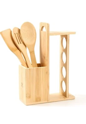 Soporte para utensilios de cocina de madera y estante de especias 2 en 1 almacenamiento de bambú hecho a mano Foto 1 de 4