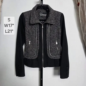 Giacca Moto Guess Misto Lana Donna S Nero Grigio Spina di Pesce Dettaglio Catena Zip - Foto 1 di 7