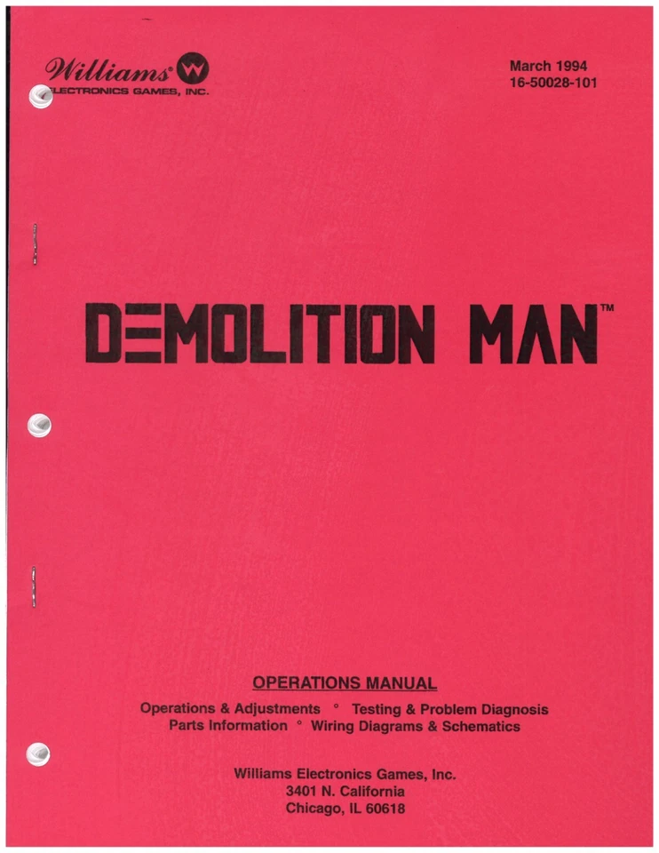 Williams Demolition Man Pinball Machine Manual 144 Pages BRAND NEW! - Image 1 of 1