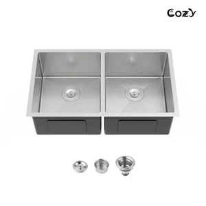 COZY Stainless Steel Kitchen Sink, 33" Double Bowl Brush Nickel Undermount - Picture 1 of 11
