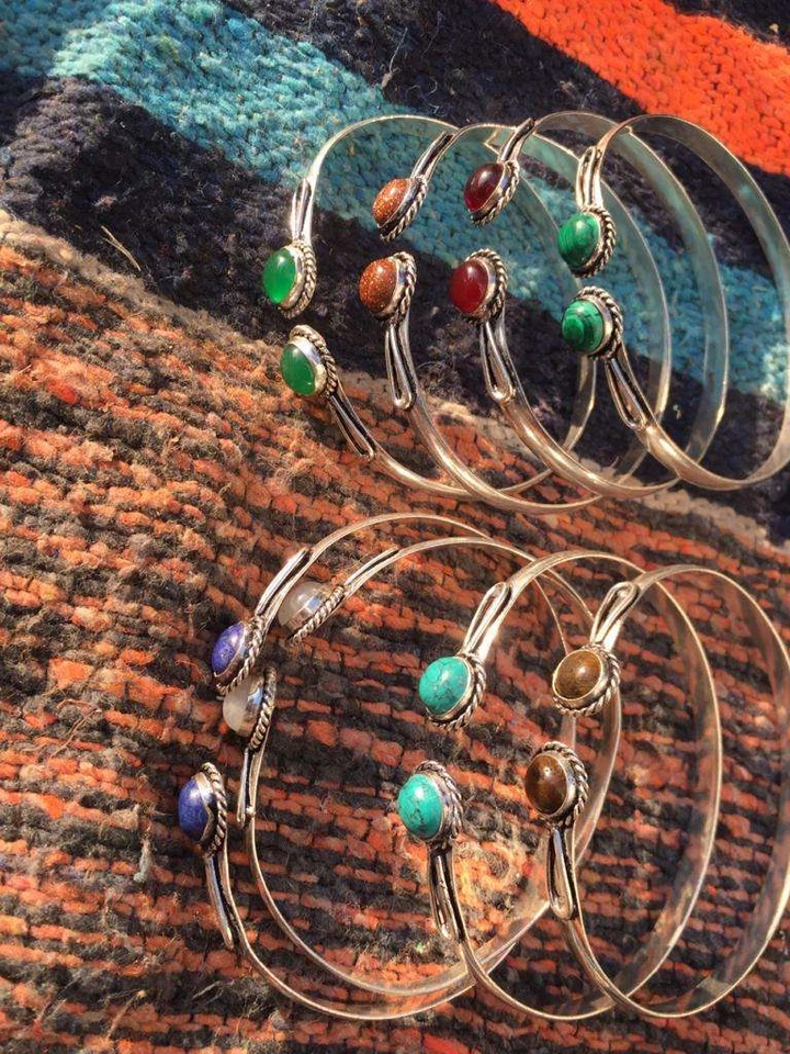 Green Onyx & Mix Gemstone 925 Sterling Silver Plated 10Pcs Cuff Bangles Lot - - Image 1 of 1