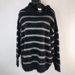 BLACK RIVET Women’s Sz XL Eyelash Cowl Neck Black & Gray Stripe Pullover Sweater - Picture 1 of 10