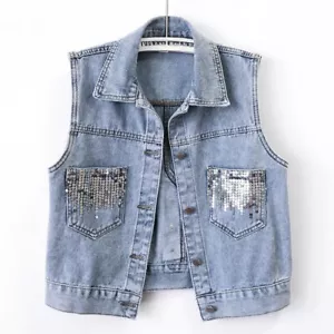 Women Denim Vest Sleeveless Jacket Sequins Short Jean Cardigan Waistcoat - Picture 1 of 13