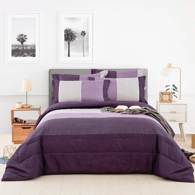 Down Alternative Premium Violet Striped Comforter Set Bed Pillowshams Queen King