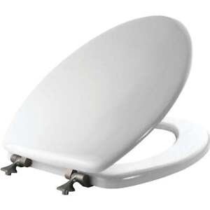 Mayfair Elongated Closed Front White Wood Toilet Seat with Brushed Nickel Hinges