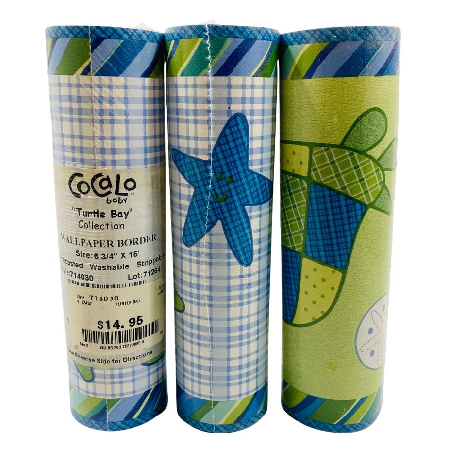 CoCaLo 婴儿海龟湾儿童房边境海龟格子蓝色绿色海洋海滩主题 — 第 1/1 张图片