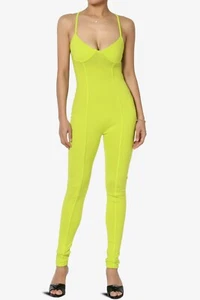 TheMogan Junior's Cotton Jersey Cami Jumpsuit Cross Back Seamed Bodycon Catsuit - Picture 1 of 17