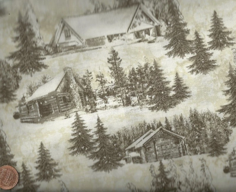 Ski Country log cabins lodge trees mountain snow Benartex fabric - Image 1 of 1