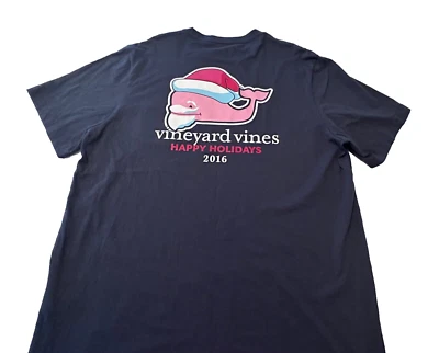 Vineyard Vines Navy Blue Short Sleeve T-Shirt Happy Holidays 2016 Santa Hat - Image 1 of 4