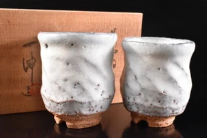 U5001: Japanese Hagi-ware White glaze TEACUP Yunomi 2pcs, auto w/signed box - Picture 1 of 9