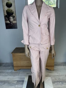 Bebe Suit Women's 2 Piece Blazer & Capri Pants Size 4 Red Pin Stripe Wide Lapel - Picture 1 of 13
