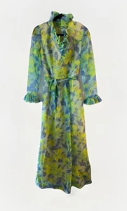 Vintage 70s Cruise Wear Blue Green Floral Chiffon Maxi Dress Gown Ruffles - Picture 1 of 19