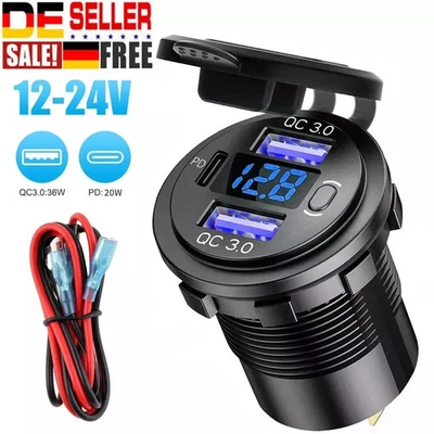 12V QC 3.0 PD USB Auto KFZ Steckdose Dual USB Ladegerät Buchse Dose KFZ Einbau - Bild 1 von 4