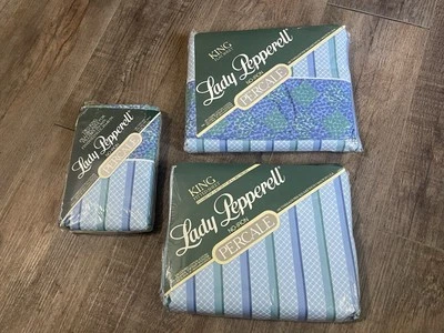 Juego de sábanas King vintage NOS Lady Pepperell 4 piezas rayas azules Oslo hecho en EE. UU. NUEVO EN PAQUETE Foto 1 de 4