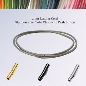 2mm Leather Necklace Cords with Click-On Clasp, Tube Clasp with Push Button