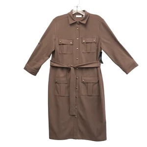 New York & Co Sheath Shirt Dress Size M Tan Knee Length 3/4 Sleeve Poly Stretch - Picture 1 of 11