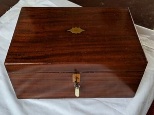 VICTORIAN MAHOGANY & BRASS CONV JEWELLERY BOX, RED LEATHER ENVOLP & 3 TRAYS 33CM - Picture 1 of 12