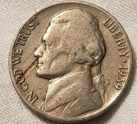 1939 5c Jefferson Nickel Obverse Lamination Mint Error Cover