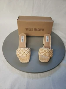 NIB Steve Madden Womens Sz 6 Niah Raffia Block Heel Sandals Natural Slip On - Picture 1 of 17