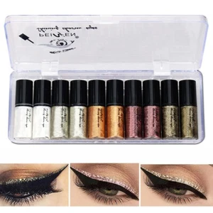 10 Colour Waterproof Shiny Eyeshadow Glitter Liquid Eyeliner Makeup Long Lasting - Picture 1 of 9