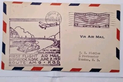 FIRST FLIGHT BISMARK, N. Dak. JUNE 2 1931 WITH 5c Violet to MANDAN REFmay2024 - Image 1 of 2