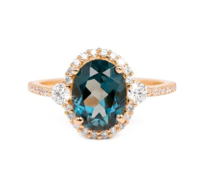 14k Rose Gold Natural London Blue Topaz and Diamonds Halo Women Engagement Ring - Image 1 of 4