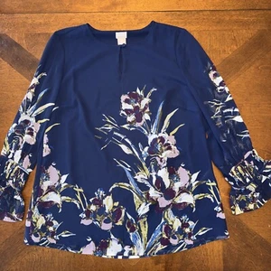 Chicos womens petite navy floral sheer long sleeve shirt blouse 0P Small 4P / 6P - Picture 1 of 10