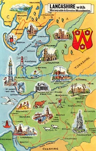 R406394 Lancashire with Merseyside and Greater Manchester Map PT19600 Colourmast - Imagen 1 de 4