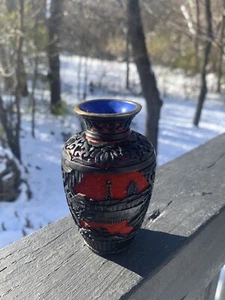 antique handmade Chinese carved black red lacquer cinnabar floral vase urn - Picture 1 of 18