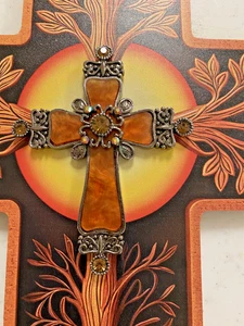 Mexican design 12" Wall Cross (Tree of Life) w/amber jewelry cross center - Picture 1 of 2