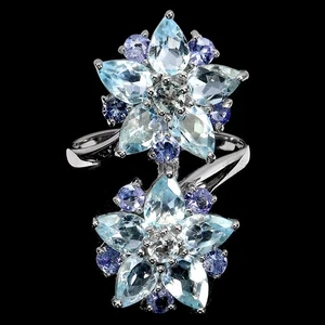 925 Sterling Silver Ring Pear Sky Topaz Aquamarine Tanzanite Flower Gemstone 8 - Picture 1 of 14