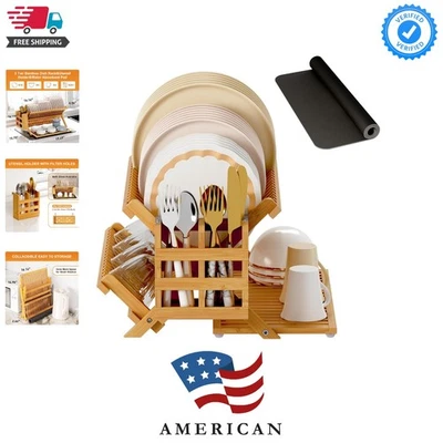 Экономящая место сушилка для бамбуковых блюд с большим держателем для посуды — натуральная отделка - Изображение 1 из 4