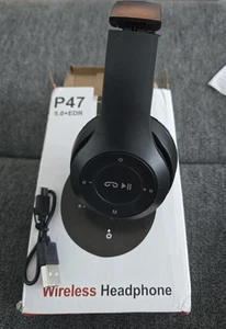 P47 5.0+EDR Wireless Folding On-Ear Headphone 40mm Driver Black w/ Line-in Cable - Picture 1 of 4