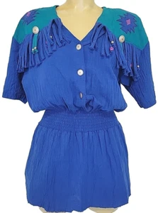 Choon Sport blusa top western blu frange, spalline elastico in vita S - Foto 1 di 5