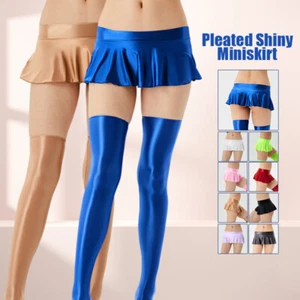 Womens Sexy Micro Pleated Skirt Mini Skirt Oil Shiny Glossy Mini Skirt Clubwear - Picture 1 of 18