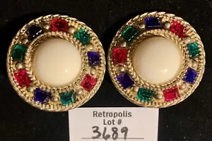Gold Tone Byzantine Style Multi-Color Clip-on Round Earrings Vintage - Picture 1 of 13