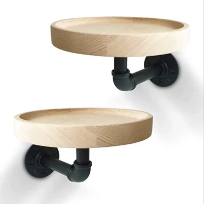 Round Oak Solid Wood Rustic Floating Shelves, Deep Wall Hanging Shelf with Metal