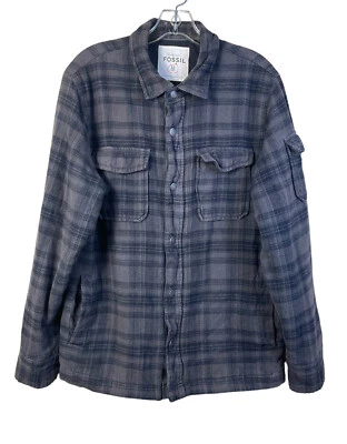 𝅺Fossil Flannel Shirt Utility Jacket Plaid Gray Shacket Size M Medium Pockets - Image 1 of 4