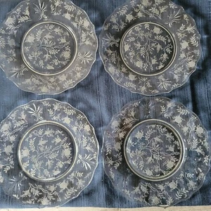 4 Fostoria Glass Chintz #338 Etching on Baroque #2496 Shape 7-1/4" Salad Plates - Picture 1 of 10