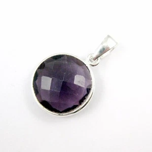 Bezel Gem Pendant with Bail-Amethyst Quartz Sterling Silver Round  Bezel 24mm - Picture 1 of 6