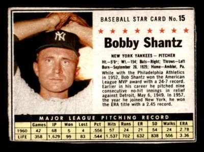 1961 Post #15 Bobby Shantz Yankees BOX only (Hand Cut, No creases) - Image 1 of 2